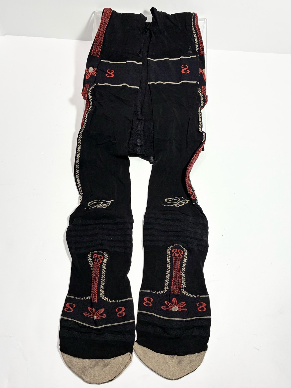 Berthe France Sheer Patterned Designer Tights Black Red Size 3/4 (M/L)